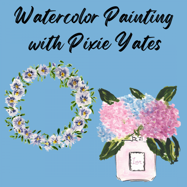 watercolor paintings of hydrangeas in a perfume bottle and a flower wreath